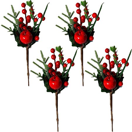 4 Enfeite De Natal Decoração Haste Azevinho Galho Vermelho