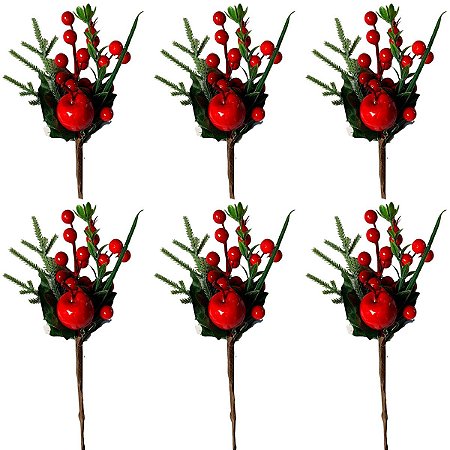 6 Enfeite De Natal Decoração Haste Azevinho Galho Vermelho