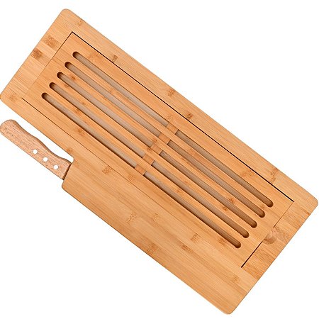 Tabua Bambu Grande Para Pães Migalheira Com Faca Cortar Pão
