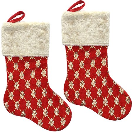 2 Enfeite Natal Bota Meia Natalina Vermelha Dourada Grande