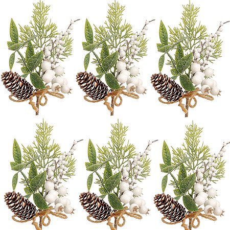6 Enfeite Decorativo Natal Luxo Azevinho Galho Branco Nevado