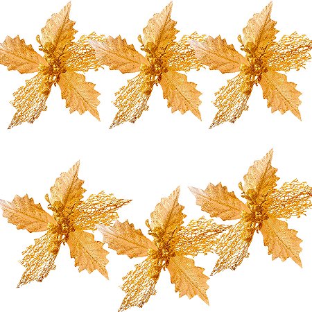 6 Enfeite Natal Decoração Flor Poinsettia Dourada Premium