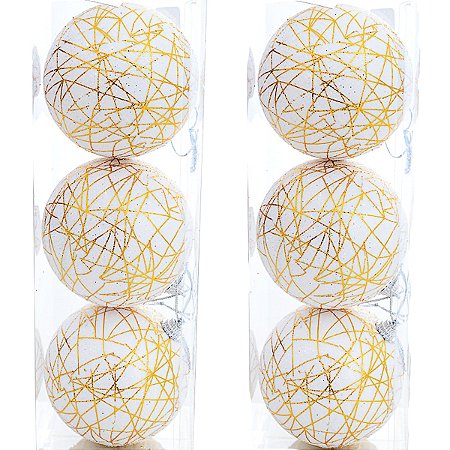 6 Bola Branca Com Fios Dourados Arvore de Natal Luxo 8 CM