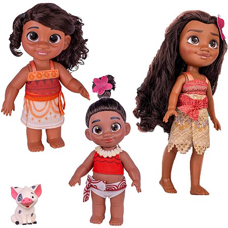 Boneca Moana Grande + Simea + Moana Baby + 2 Porquinho Puá