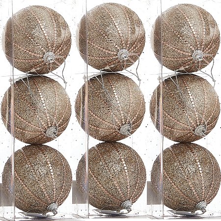 9 Bola Champagne Glitter Árvore de Natal 8 CM Luxo Grande