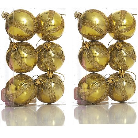 12 Bola Dourada Para Árvore de Natal 6 CM Brilhante Glitter