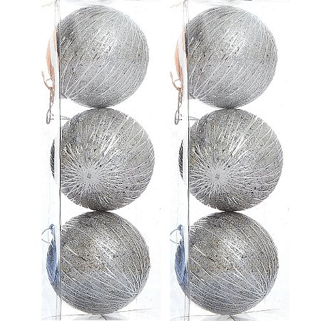 6 Bola Prata Glitter Árvore de Natal 8 CM Prateada Luxo