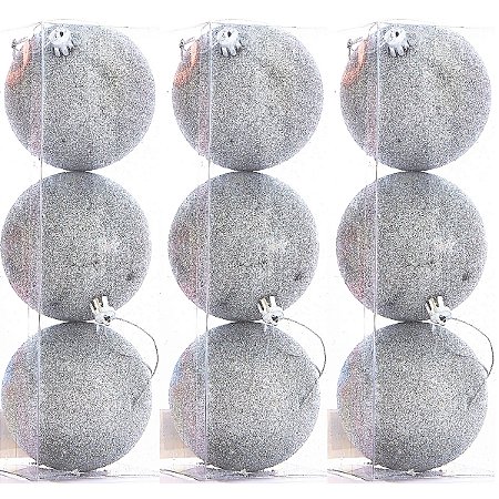 9 Bola Prata Glitter Árvore de Natal 8 CM Prateada Grande