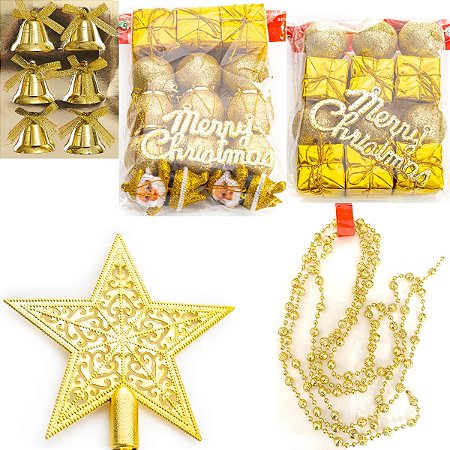 36 Enfeite Árvore Natal Dourado Bolinha Ponteira Sino Cordão
