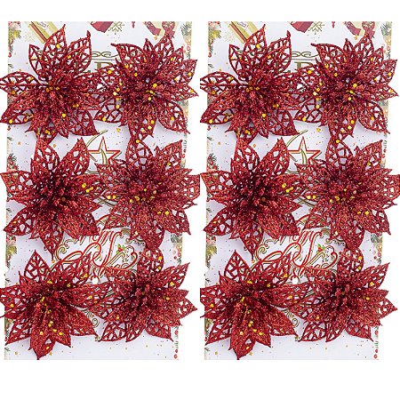 12 Enfeite Flor Poinsettia Vermelha Árvore de Natal 7 CM