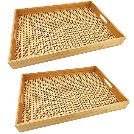 2 Bandeja Retangular Bambu Palha Decorativa Palhinha