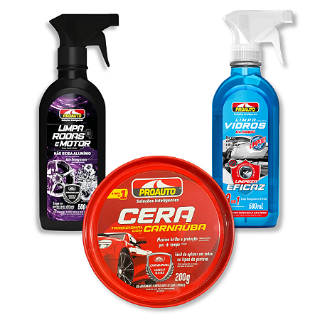 LIMPEZA AUTOMOTIVA KIT LIMPA VIDRO/LIMPA RODAS E MOTOR/CERA