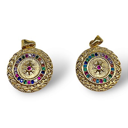 Pingente Moeda Estrela 8 Pontas Banhado a Ouro com Zircônia - 20mm
