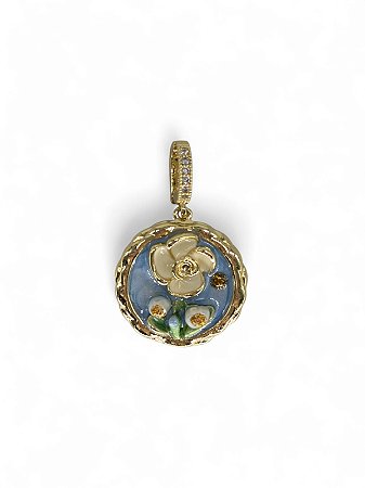 Pingente Medalha Flor Esmaltado