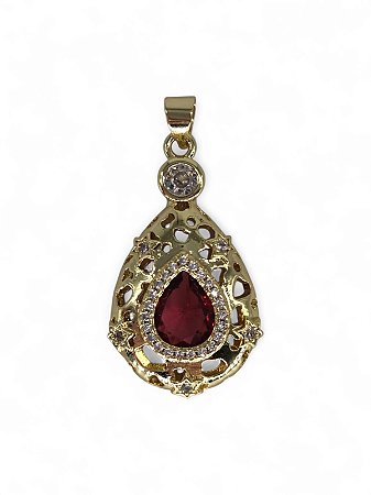 Pingente Gota Cristal Vermelho Cravejado em Zircônia
