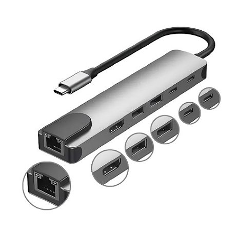 Cabo Adaptador USB-C HDMI - Lan Rj45 1000 - USB 3.0 E USB Tipo-C