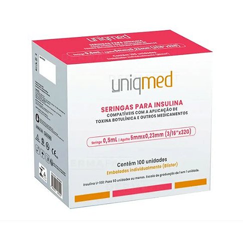 Seringa para Insulina 0,5ml Agulha 5mmx0.23mm - cx 100 unidades - Uniqmed
