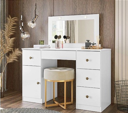 Penteadeira Camarim Com Led 5 Gavetas 1 Porta Branco Sonhos