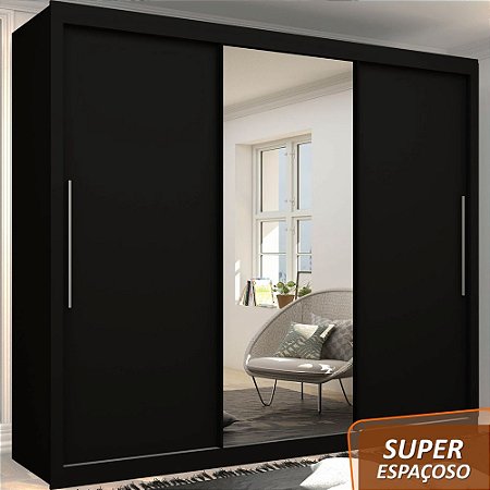 Guarda Roupa Casal 3 Portas de Correr com Espelho Grande 4 Gavetas Gelius Royale - Preto