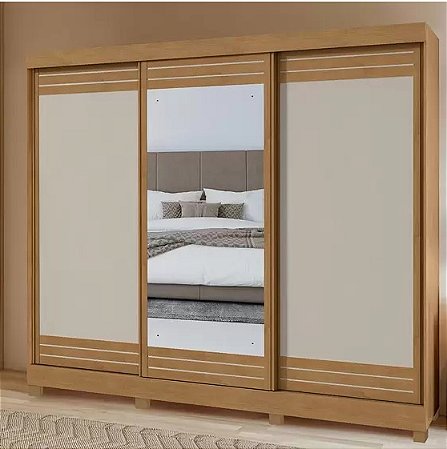 Guarda Roupa Lopas Nice 3 Portas Bicolor com Espelho e Pés - Amendoa/Off White
