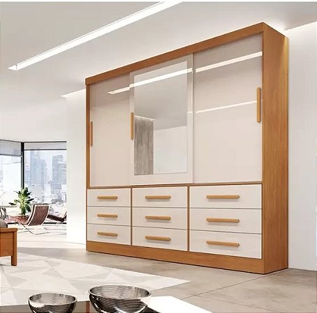 Guarda Roupa Casal com Espelho 3 Portas 9 Gavetas Turim