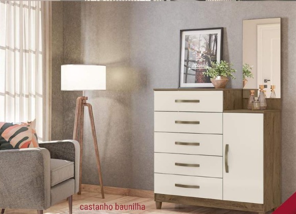 Cômoda Sapateira 5 gavetas com Espelho Lisboa Castanho Wood e Baunilha