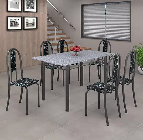 Jogo de Mesa 140x75cm Tampo de Granito com 6 Cadeiras Iris
