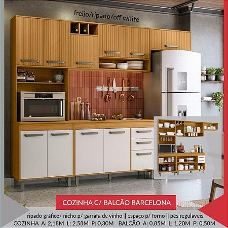 Cozinha Compacta 5 Peças, Balcão e Tampo Barcelona Ripado Gráfico