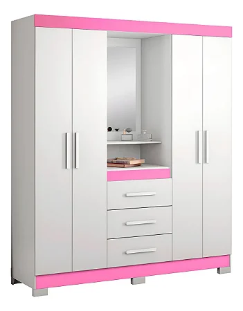 Guarda-roupa Solteiro 4 Portas Notável NT 5015 Branco com Rosa com Espelho
