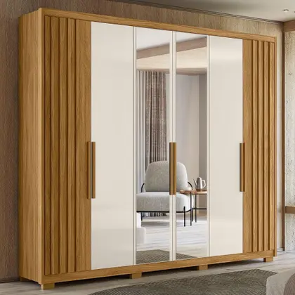 Guarda Roupa Casal Araguaia 6 Portas Freijó Off White com Espelho