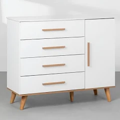 Cômoda Infantil Retrô 4 Gavetas com Porta Fraldário Pés Palito Ludmila MDF Branca