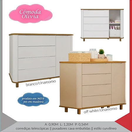 Cômoda 1 Porta e 4 Gavetas Carolina Olivia Cor Branco com Cinamo