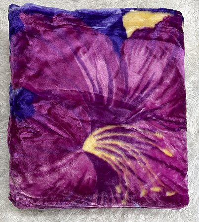 MANTA CASAL DUPLA FACE ROXO COM FLORES