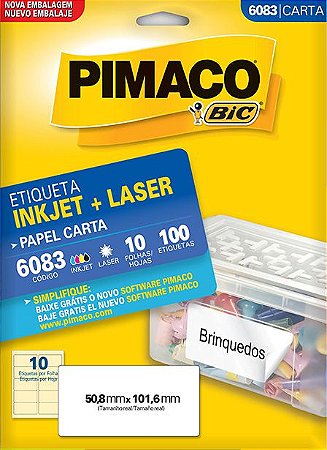 ETIQUETA INKJET/LASER CARTA 50,8 x 101,6 C/10 FLS PIMACO 6083