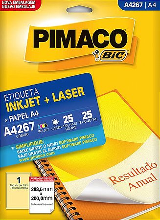 ETIQUETA INKJET/LASER A4 288,5 x 200,0 C/25 FLS PIMACO A4267