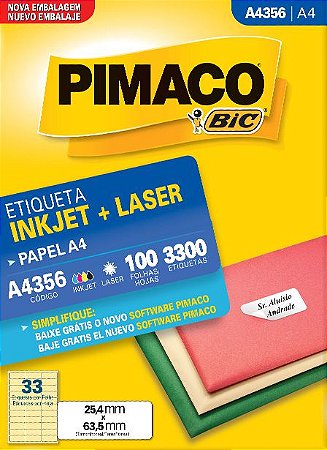 ETIQUETA INKJET/LASER A4 25,4 x 63,5 C/100 FLS PIMACO A4356