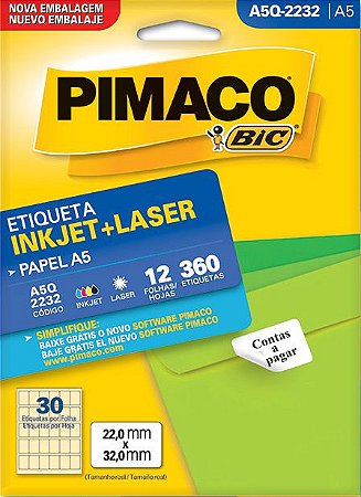 ETIQUETA INKJET/LASER A5 22,0 x 32,0 C/12 FLS PIMACO A5Q-2232