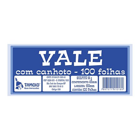 BLOCO DE VALE COM CANHOTO C/100 FOLHAS TAMOIO 1018