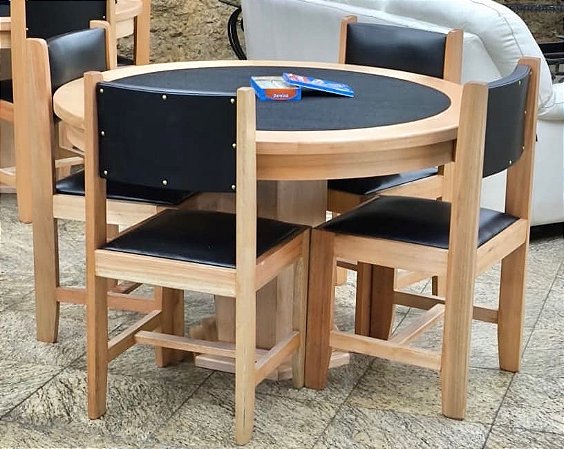 Mesa de Carteado Poker Redonda 100% Madeira Maciça com 4 cadeiras Black edition