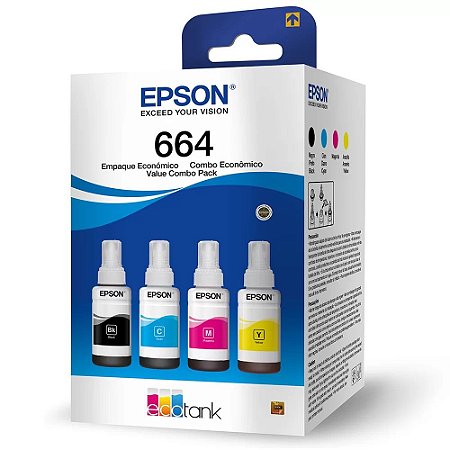 KIT GARRAFA DE TINTA EPSON T664 T664520-4P 4 CORES (CIANO, AMARELO, MAGENTA E PRETO)