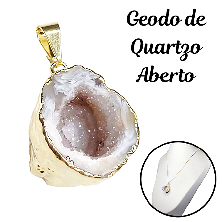 Colar Geodo Quartzo Aberto Natural Banhado Ouro Prata