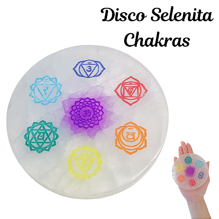 Disco Selenita Chakras 10cm 12cm Com Símbolos 7 Pedras