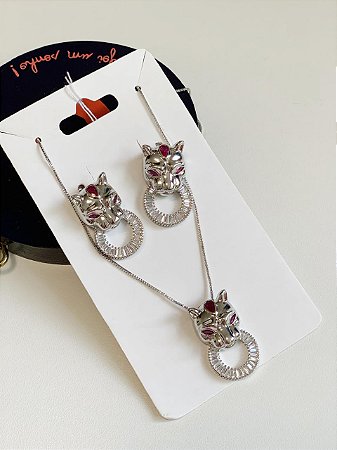 Conjunto semi jóia brinco e colar tigre pedraria