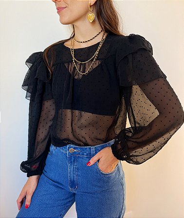 Camisa transparente preta Renata Tenca tam P