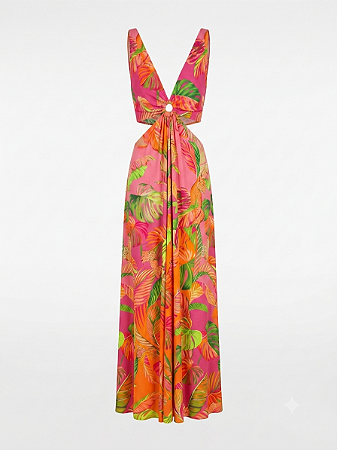 Vestido rosa folhagem Farm - tam P