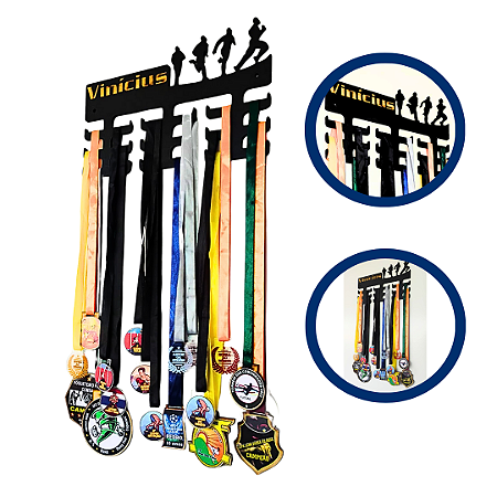 Porta Medalhas Vazado de Corrida ou Maratona Personalizado em MDF Preto Unissex