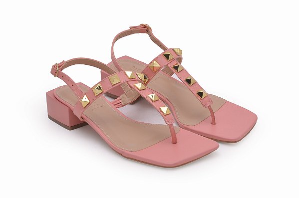 Sandália Salto Baixo Couro Rosa - Glendale