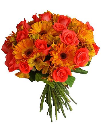 BOUQUET COMPACTO COM 15 ROSAS CORAL E 8 GÉRBERAS LARANJA COM ASTROMÉLIA