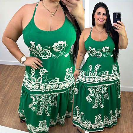 Vestido Longo Luna Floral Verde Plus Size - Belíssima 48 - Belissima48