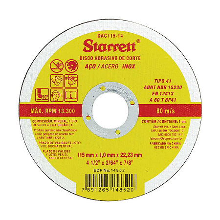 Disco De Corte 115x1,0x22,2 Dac115-14 Para Aço Inox Starrett
